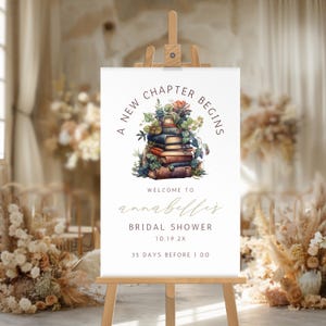 A New Chapter Begins Bridal Shower Sign, Book Theme Welcome Sign Decor, Baby Shower, Canva Template, Instant Download, Calligraphy