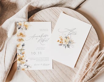 Hochzeit im Herbst, Einladungskarte Vorlage, Herbsthochzeit, neutral floral modern minimalistisch, Kalligraphie, Canva, bearbeitbar, Sofort Download, PP997