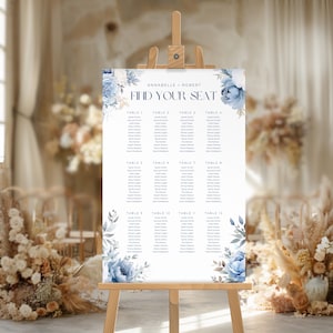 Dusty Blue Wedding Seating Chart, Winter Floral Boho Find Your Seat, Minimalist, Printable, Instant Download, Canva Template PP298