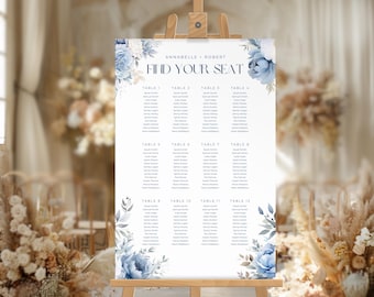 Dusty Blue Wedding Seating Chart, Winter Floral Boho Find Your Seat, Minimalist, Printable, Instant Download, Canva Template PP298