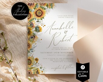 Sunflower Wedding Invites Template, Rustic, Summer Wedding, Floral, Calligraphy, Canva Template, Editable, Instant Download, PPA2