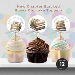 Stacked Books Cupcake Toppers, Bridal Wedding Shower, A New Chapter Theme, Book Lovers, Floral Baby Shower, Canva Template, Instant Download