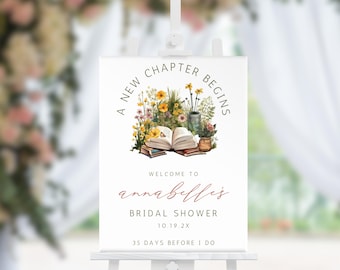 Möhippaskylt med boktema, välkomstskyltdekor, babyshower, Canva-mall, direktnedladdning, kalligrafi