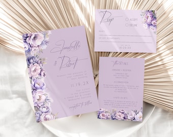 Lilac Wedding Invitation Bundle, Lavender Invite, RSVP, Details Card, Floral, Script, Canva Template, Instant Download, PP299