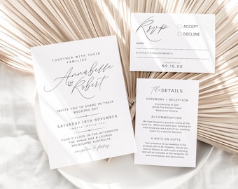 Minimalistic Wedding Invitation Suite Template Canva, Boho Modern, RSVP, Details Card, Invite Set, Calligraphy, Canva Template, Editable PP5