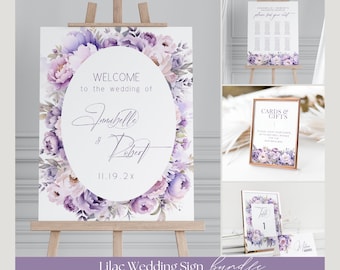 Wedding Sign Bundle Lilac, Welcome Sign, Seating Chart, Reception Signs, Table Number, Place Card, Purple Floral, Canva Template, PP299