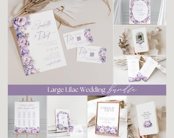 Lilac Wedding Invitation Bundle, QR Code, Reception Signs, Seating Chart, Menu, Welcome Sign, Purple Floral, Canva Template, Download PP299