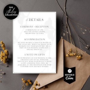 Minimalistische Hochzeitseinladungs-Detaileinschließung, modern, Details Insert-Karte, bearbeitbare Canva-Vorlage, Anpassung, PP6