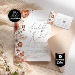 May include: A wedding invitation with a floral design in shades of orange, peach, and cream. The invitation features the names "Annabelle & Robert" and the date "Saturday 19th November Twenty Twenty Three".