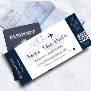 May include: A blue and white save the date card with a world map background and a plane flying over a heart. The text reads "Save The Date" with the passengers' names, destination, and website. The date is October 25th, 20XX. A QR code is included for RSVP.
