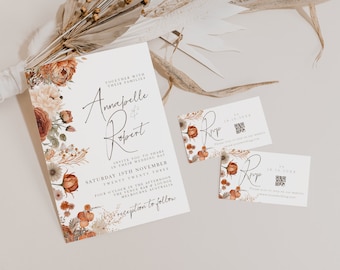 Fall Wedding Invitations With Qr Code, RSVP, Autumn, Terracotta, Rust, Modern Minimalist, Canva Template, Editable, Instant Download, PPA4