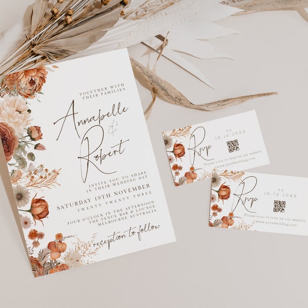 Fall Wedding Invitations With Qr Code, RSVP, Autumn, Terracotta, Rust, Modern Minimalist, Canva Template, Editable, Instant Download, PPA4