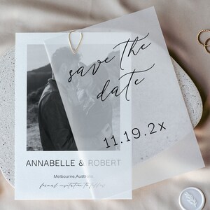 Save The Date Download aus Vellum, mit Foto, Boho, Einladung zu folgen, Hochzeitsdatumsankündigung, Canva Vorlage, Modern, Script, PPA4