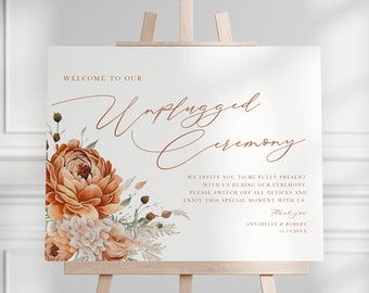 Unplugged Ceremony Sign Floral, Terracotta, Burnt Orange, Fall, Landscape, 36x24, Welcome Sign, Canva Template, Instant Download PPA4