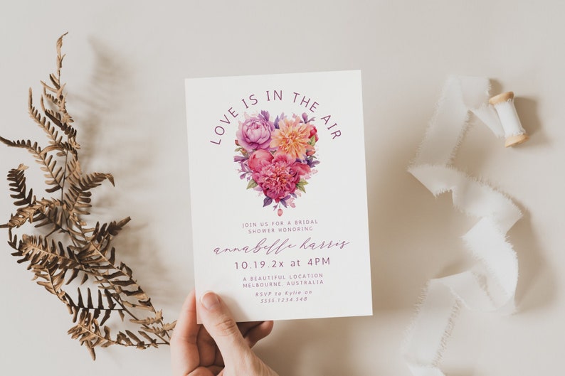 Love Is In The Air Bridal Shower Invitation, Valentines, Floral, Instant Download, Canva Template, Modern Minimalist, Calligraphy PP287 image 1