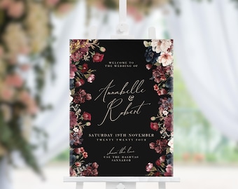 Black And Burgundy Wedding Welcome Sign, Dark And Moody Floral Editable Template, Large Wedding Signage, Printable Canva Template PPA7