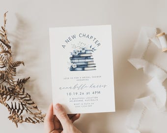 A New Chapter Bridal Shower Invitation, Wedding Shower, Floral, Book Theme, Instant Download, Canva Template, Modern Minimalist, Calligraphy