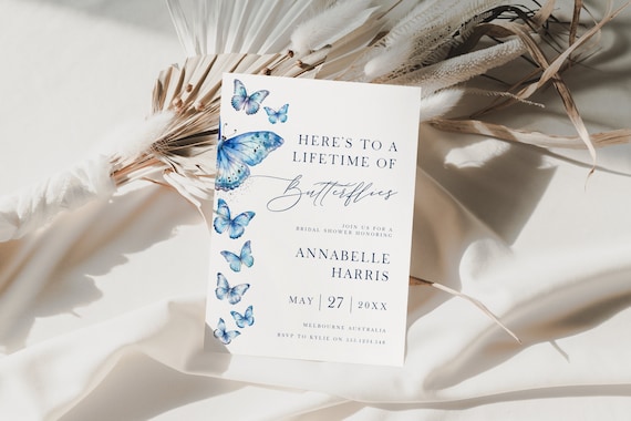 Lifetime Of Butterflies Invite, Bridal Shower Invitation, Butterfly Theme, Blue, Editable, Instant Download, Canva Template PPA231