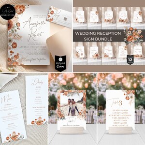 Puede incluir: Un conjunto de 12 carteles de recepción de boda editables con un diseño floral en tonos naranja, melocotón y blanco. Los carteles incluyen un cartel de bienvenida, un menú de bebidas, un cartel de número de mesa y un cartel de lista de invitados. Los carteles son perfectos para una boda rústica o bohemia.