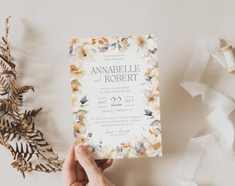 Herbsthochzeitseinladung Vorlage, Herbsthochzeit, Neutral Floral, modern minimalistisch, Kalligraphie, Canva, bearbeitbar, Sofort Download, PP997