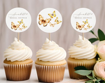 Butterfly Theme Cupcake Toppers, Bridal Shower, Baby Shower, Gold, Canva Template, Elegant, Instant Download, Calligraphy, PPA230