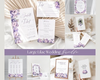Lilac Wedding Invitation Bundle, Reception Signs, Seating Chart, Menu, Welcome Sign, Purple Floral, Canva Template, Instant Download PP299