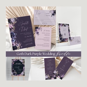 Wedding Invitation Template Goth Bundle, Dark Purple, RSVP, Details Card, Menu, Welcome Sign, Floral, Canva Template, Instant Download PP589