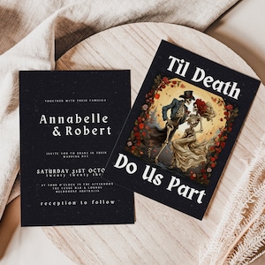 Hochzeitseinladungen zum Halloween-Thema, bis der Tod uns scheidet, Gothic, Skelette, Canva-Vorlage, bearbeitbar, Sofort-Download