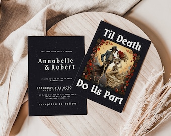 Halloween Themed Wedding Invitations, Til Death Do Us Part, Gothic, Skeletons, Canva Template, Editable, Instant Download