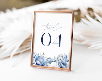 Números de mesa para bodas editables de invierno, diseño floral azul polvoriento imprimible, plantilla para letrero de recepción, minimalista moderno, descarga instantánea PP298