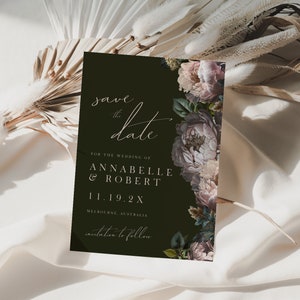 Moody Floral Save The Date, Dark Peonies, Invitation To Follow, Wedding Date Announcement, Canva Template, Modern Minimalist, Script, PPDM
