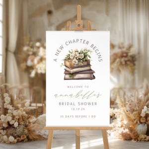 A New Chapter Begins Bridal Shower Sign, Book Theme Welcome Sign Decor, Baby Shower, Canva Template, Instant Download, Calligraphy