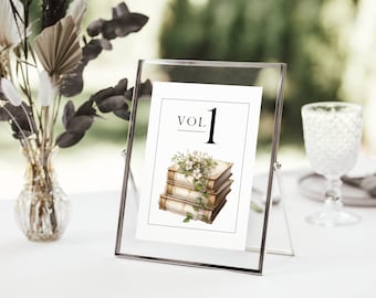 Book Themed Table Numbers, Floral, Book Lover Wedding, Printable, Reception Sign Template, Editable, Modern Minimalist, INSTANT DOWNLOAD