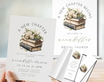 Inbjudan till möhippa "A New Chapter", välkomstskylt, bokmärke, blommigt, boktema, direktnedladdning, Canva-mall, minimalistisk