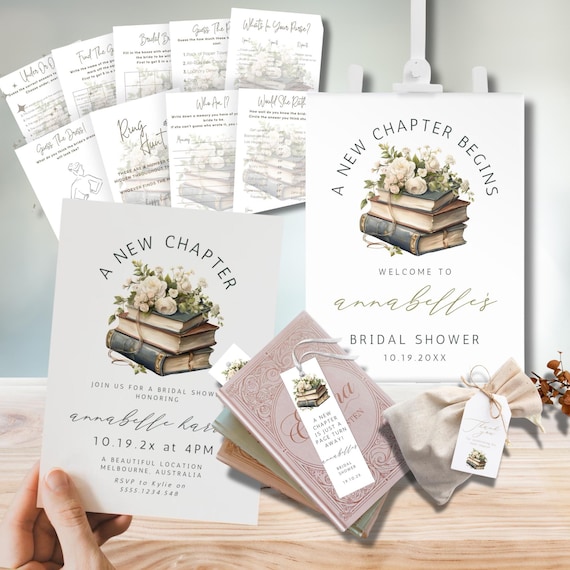 Book-Themed Bridal Shower Bundle – A New Chapter Bridal Shower Printables, Wedding Games, Invitations, Signs & Decor, Instant Download