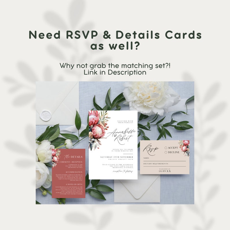 Protea Floral Wedding Invitations, Australian Natives, Modern Minimalist, Calligraphy, Canva Template, Editable, Instant Download, PP257 image 9