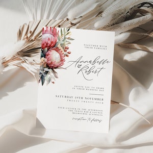 Protea Floral Wedding Invitations, Australian Natives, Modern Minimalist, Calligraphy, Canva Template, Editable, Instant Download, PP257 image 2