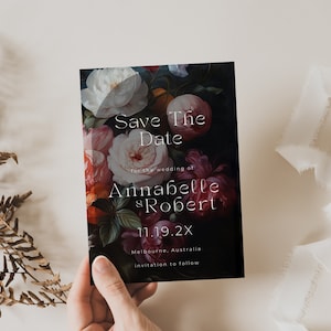 Moody Floral Save The Date, Goth Wedding, Invitation To Follow, Wedding Date Announcement, Canva Template, Modern Minimalist, PP999
