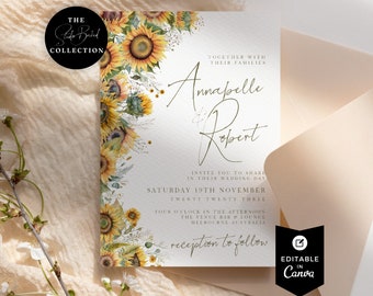 Rustic Sunflower Fall Wedding Invitations, Summer Wedding, Floral, Script, Canva Template, Editable, Instant Download, PPA2