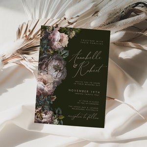 Editable Moody Floral Wedding Invitation, Dark Peonies, Floral Invitations, Canva Template, Editable, Instant Download, Gothic, PPDM