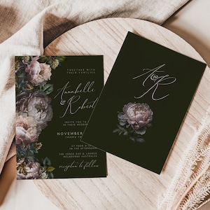 Moody Dark Wedding Invitation Template, Editable, Floral, Dark Peonies, Floral Invitations, Canva Template, Instant Download, Gothic, PPDM
