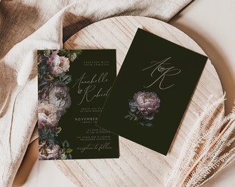 Moody Dark Wedding Invitation Template, Editable, Floral, Dark Peonies, Floral Invitations, Canva Template, Instant Download, Gothic, PPDM