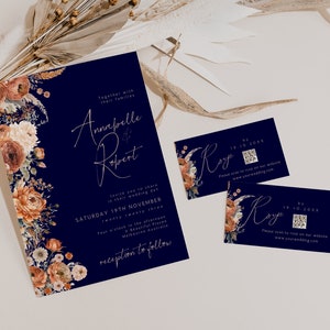 Marine und Terrakotta Hochzeit einladen Mit Qr Code, Antwortkarte, Herbst, Terrakotta, Rost, modern minimalistisch, Canva Vorlage, Sofort Download, PPA4