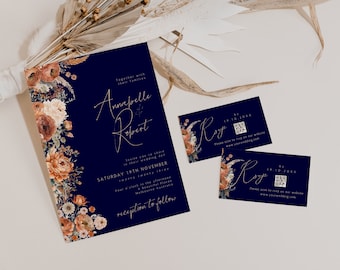 Navy And Terracotta Wedding Invite With Qr Code, RSVP, Autumn, Terracotta, Rust, Modern Minimalist, Canva Template, Instant Download, PPA4