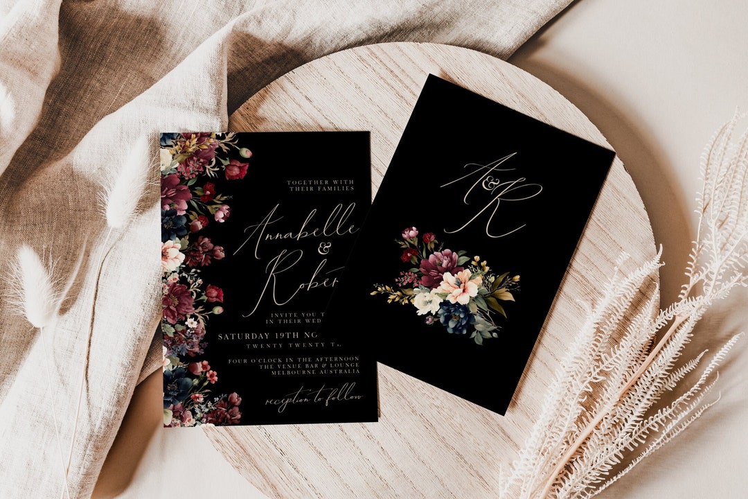 Black and Burgundy Wedding Invitations, Monogram, Dark and Moody