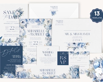 Dusty Blue Wedding Bundle, Vintage Floral Invitation Set, Editable Wedding Suite, Printable Templates Instant Download, PP298