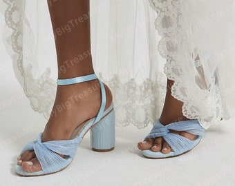 Talons bleus de bloc de tulle, sandales de mariage d'arc, chaussures bleues de mariée, chaussures de mariage de femmes, talons de mariage, chaussures de demoiselle d'honneur, cadeau de mariage