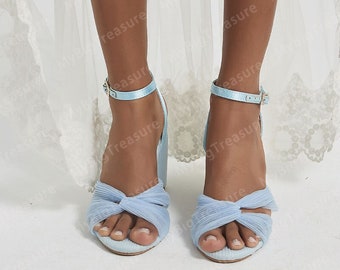 Wedding Block Heel, Blue Tulle Leathere Sandals, Handmade Wedding Shoes for Bride, Bridesmaid Shoes, Bridal Heels, Women Summer Sandals