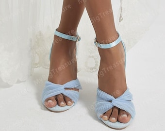 Sandales à lanières de mariage, sandales de mariée bleues pour la mariée, chaussures de mariée en tulle, chaussures de mariage confortables, sandales en cuir Boho Block Heels