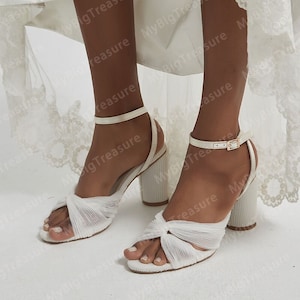 Ivory Tulle Block Heel Sandals for Bride,  Boho Bridal Strappy Sandals, Women Sandals, Bow Wedding Shoes, Gift for Her